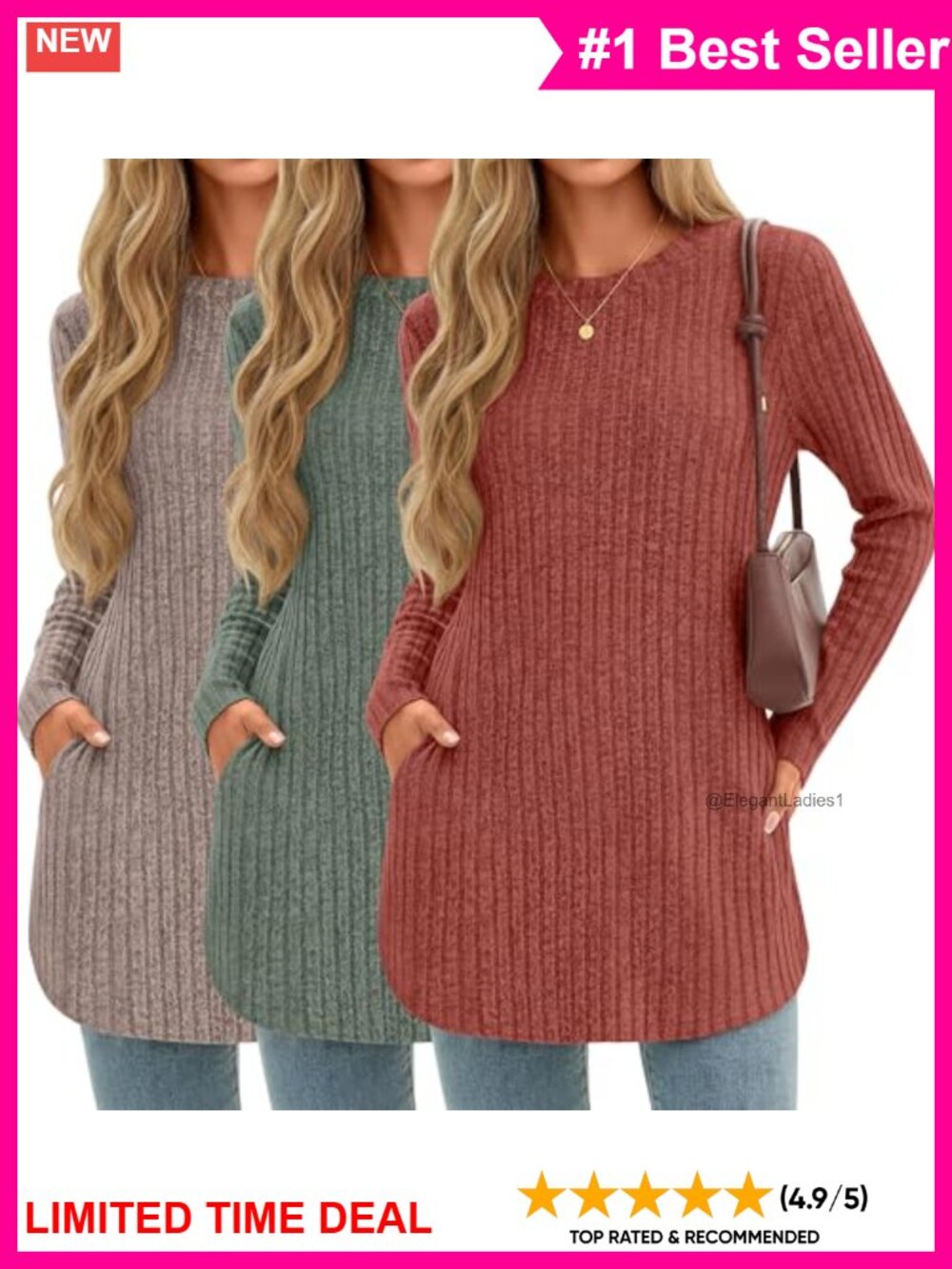 Women's Ribbed Long Sleeve Tunic Sweaters 3 PackLoose Fit